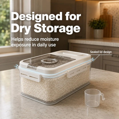 5L Airtight Plastic Food Storage Container with Transparent Lid, One-Hand Magnetic Flip Closure, Integrated Storage Date Timer, Leakproof and Insect-Proof Design, Moisture Resistant, Includes Measuring Scoop for Kitchen Pantry Use