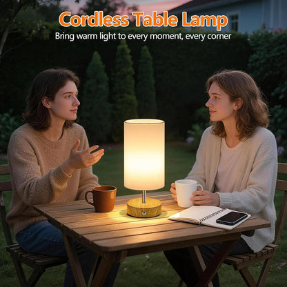 MATULSA Cordless Table Lamp with Batteries & Cells, Rechargeable Desk or Bedside Light, Portable Touch-Dimmable LED Fixture, Wireless Wood-Grain Base, Modern Night Light for Bedroom (Bulb Included)