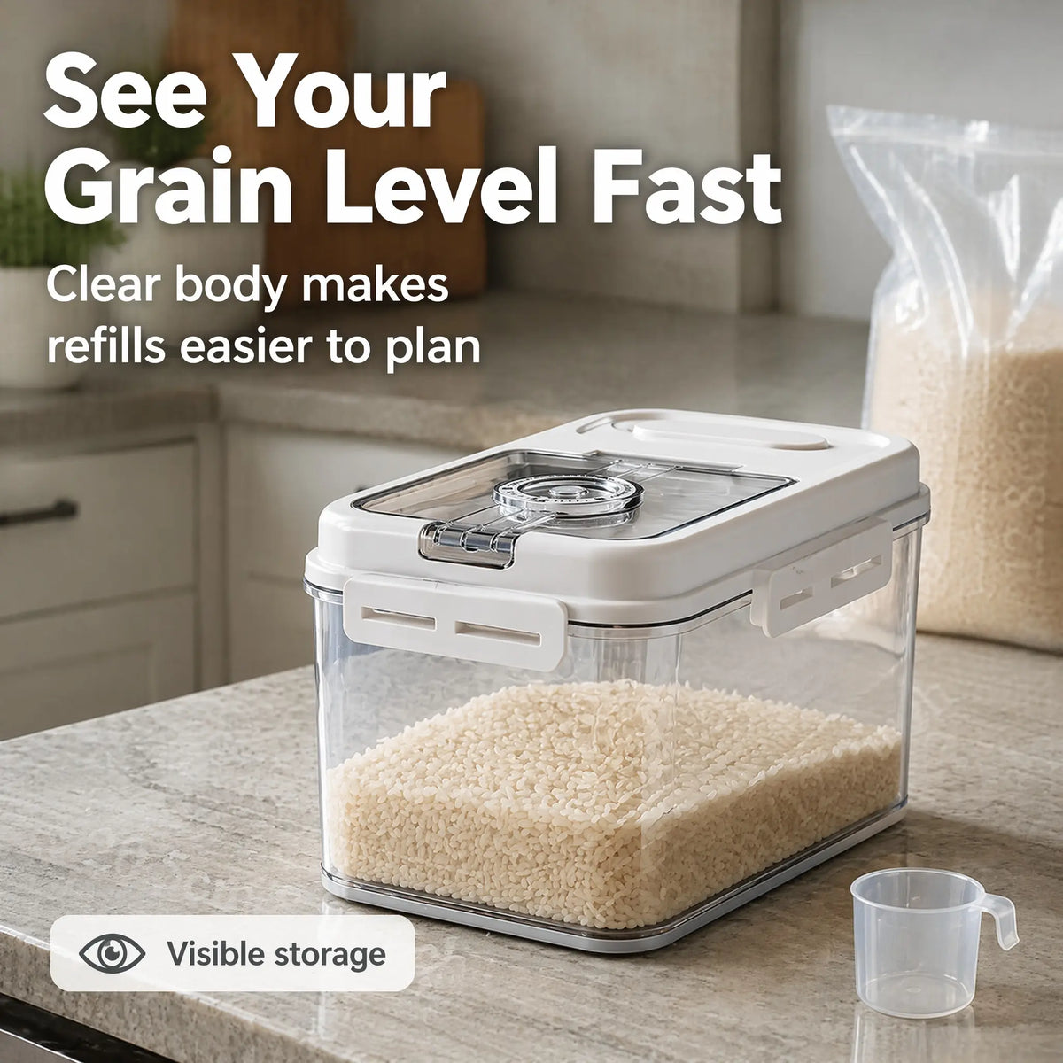 5L Airtight Plastic Food Storage Container with Transparent Lid, One-Hand Magnetic Flip Closure, Integrated Storage Date Timer, Leakproof and Insect-Proof Design, Moisture Resistant, Includes Measuring Scoop for Kitchen Pantry Use