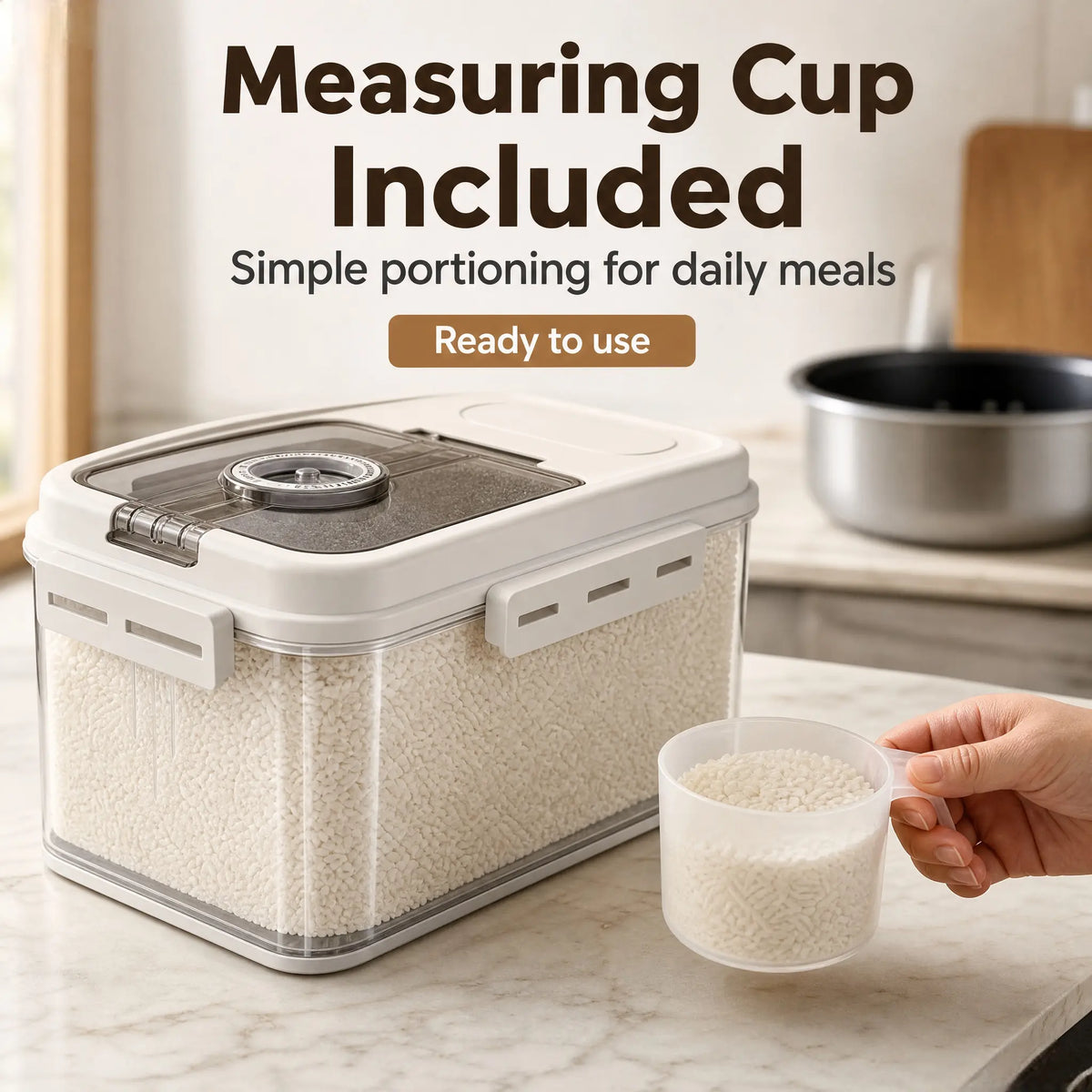 5L Airtight Plastic Food Storage Container with Transparent Lid, One-Hand Magnetic Flip Closure, Integrated Storage Date Timer, Leakproof and Insect-Proof Design, Moisture Resistant, Includes Measuring Scoop for Kitchen Pantry Use