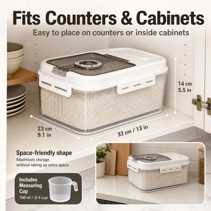 5L Airtight Plastic Food Storage Container with Transparent Lid, One-Hand Magnetic Flip Closure, Integrated Storage Date Timer, Leakproof and Insect-Proof Design, Moisture Resistant, Includes Measuring Scoop for Kitchen Pantry Use