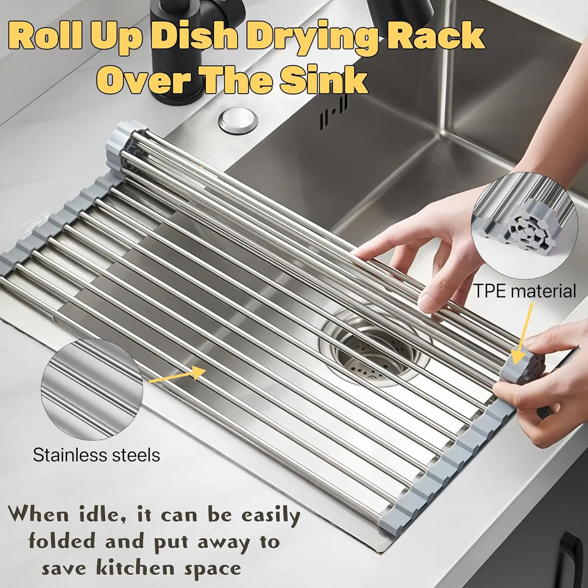 Stainless Steel Foldable Over-The-Sink Dish Drying Rack Organiser, 17.7"X11.8" Kitchen Sink Counter Storage (Grey)