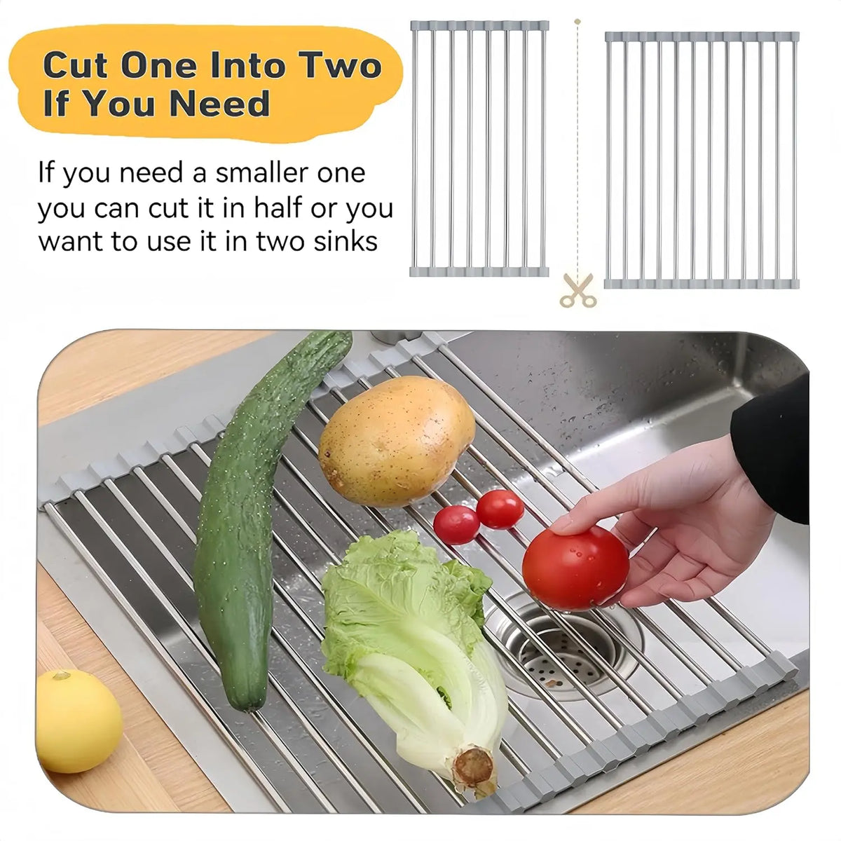 Stainless Steel Foldable Over-The-Sink Dish Drying Rack Organiser, 17.7"X11.8" Kitchen Sink Counter Storage (Grey)