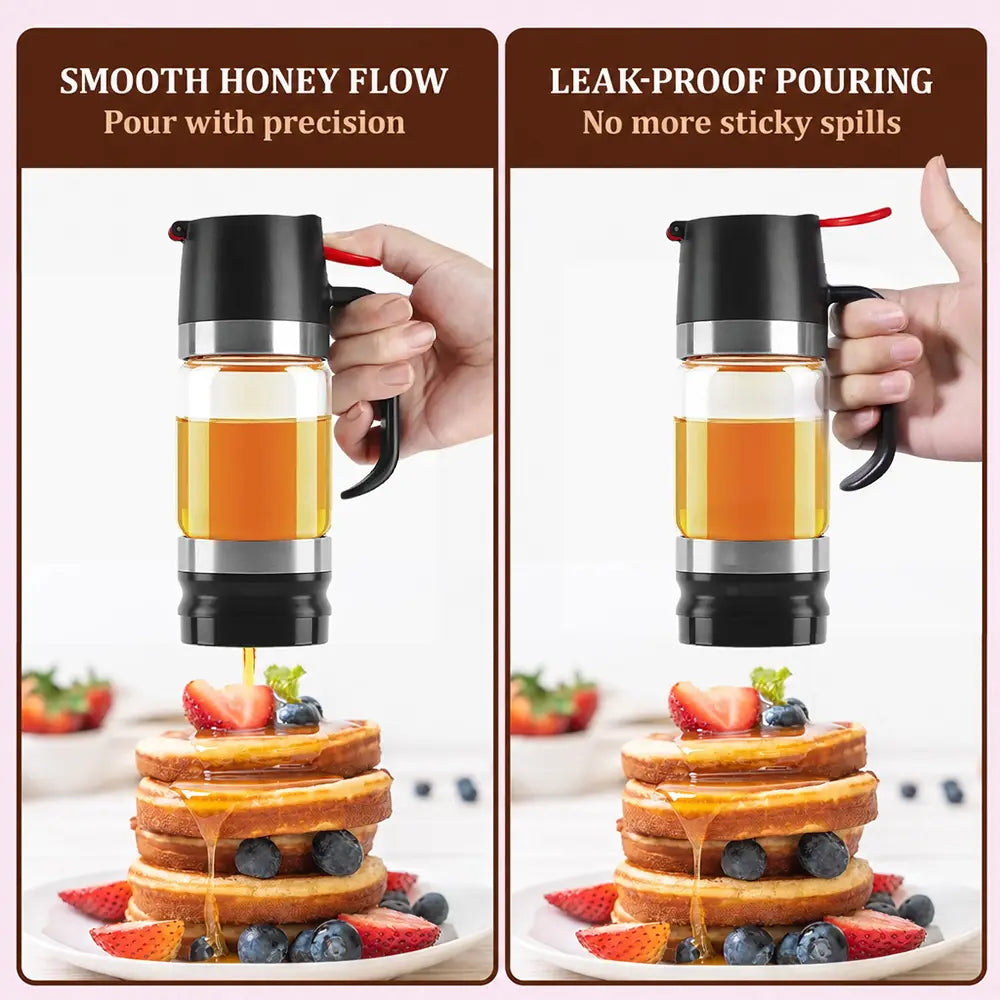 Professional Glass Honey Dispenser with Handle - Leak-Free, No Drip Design for Honey, Maple Syrup, and Nectar - Easy to Refill and Clean, Keeps Honey Fresh - Essential Kitchen Accessory
