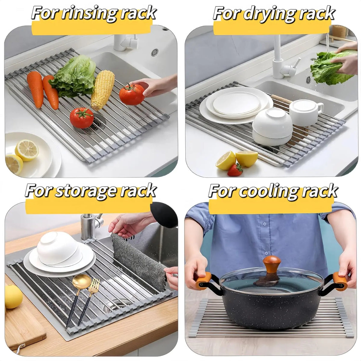 Stainless Steel Foldable Over-The-Sink Dish Drying Rack Organiser, 17.7"X11.8" Kitchen Sink Counter Storage (Grey)