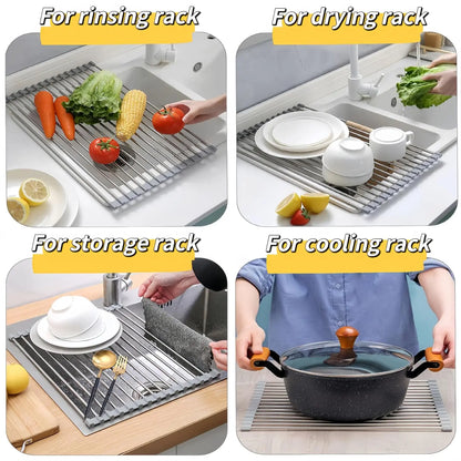 Stainless Steel Foldable Over-The-Sink Dish Drying Rack Organiser, 17.7"X11.8" Kitchen Sink Counter Storage (Grey)