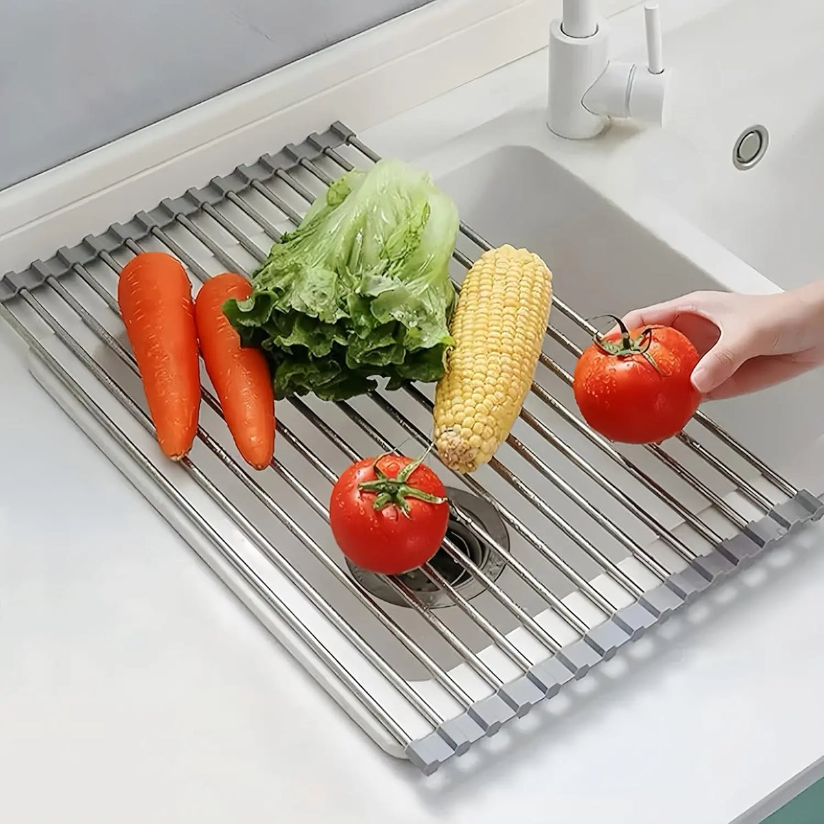 Stainless Steel Foldable Over-The-Sink Dish Drying Rack Organiser, 17.7"X11.8" Kitchen Sink Counter Storage (Grey)