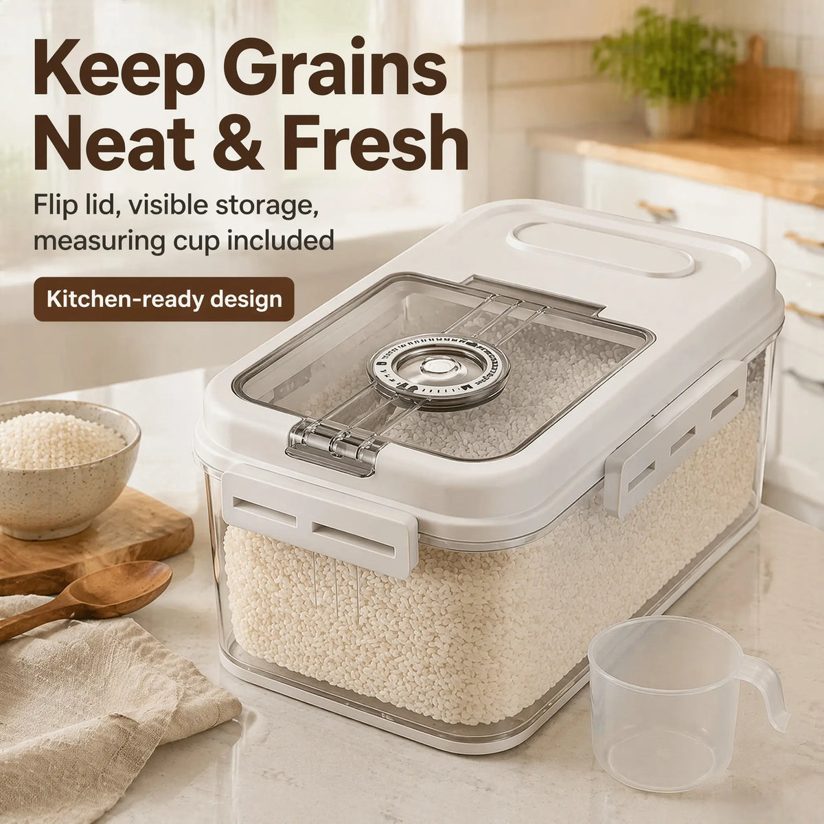 5L Airtight Plastic Food Storage Container with Transparent Lid, One-Hand Magnetic Flip Closure, Integrated Storage Date Timer, Leakproof and Insect-Proof Design, Moisture Resistant, Includes Measuring Scoop for Kitchen Pantry Use