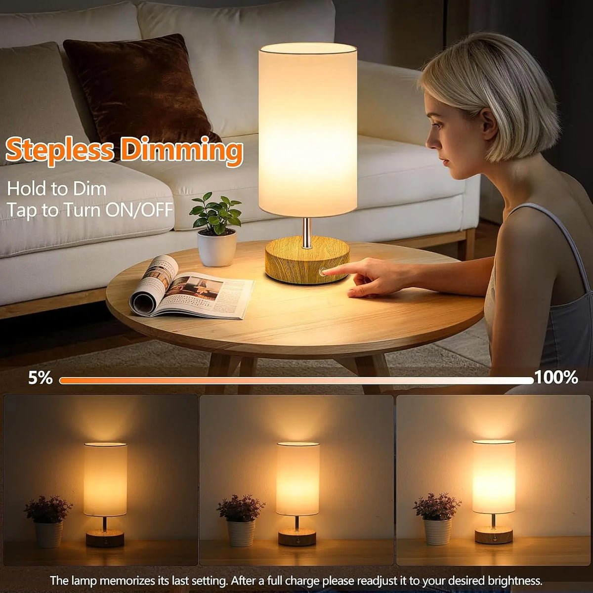 MATULSA Cordless Table Lamp with Batteries & Cells, Rechargeable Desk or Bedside Light, Portable Touch-Dimmable LED Fixture, Wireless Wood-Grain Base, Modern Night Light for Bedroom (Bulb Included)