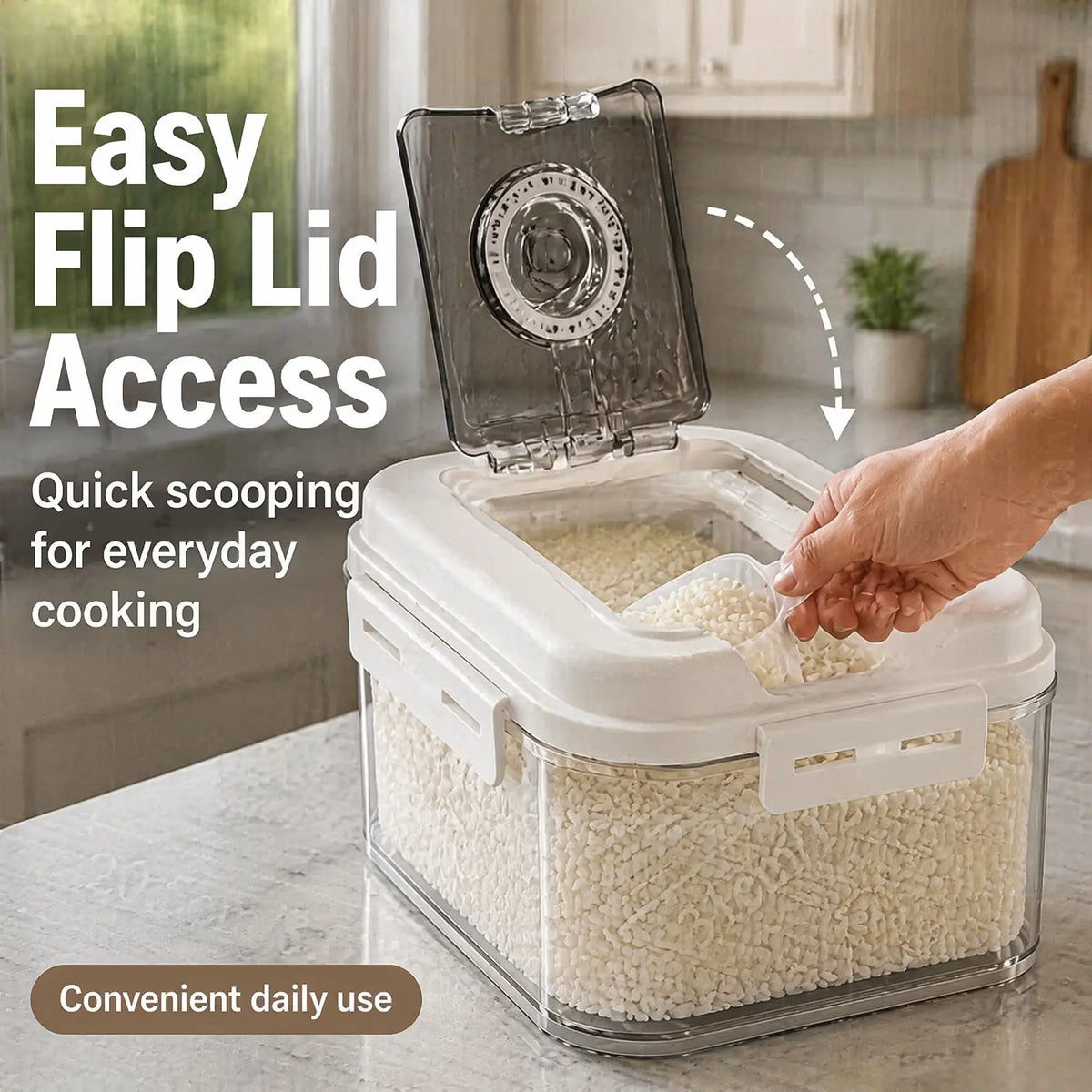 5L Airtight Plastic Food Storage Container with Transparent Lid, One-Hand Magnetic Flip Closure, Integrated Storage Date Timer, Leakproof and Insect-Proof Design, Moisture Resistant, Includes Measuring Scoop for Kitchen Pantry Use