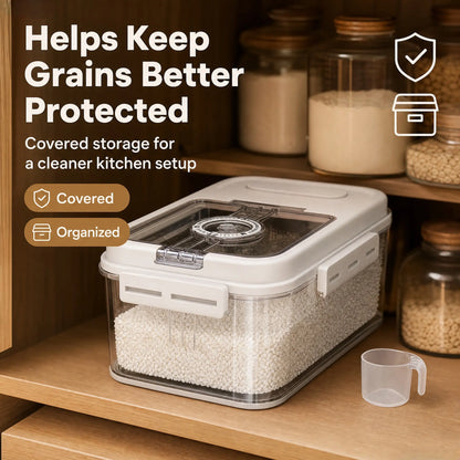 5L Airtight Plastic Food Storage Container with Transparent Lid, One-Hand Magnetic Flip Closure, Integrated Storage Date Timer, Leakproof and Insect-Proof Design, Moisture Resistant, Includes Measuring Scoop for Kitchen Pantry Use