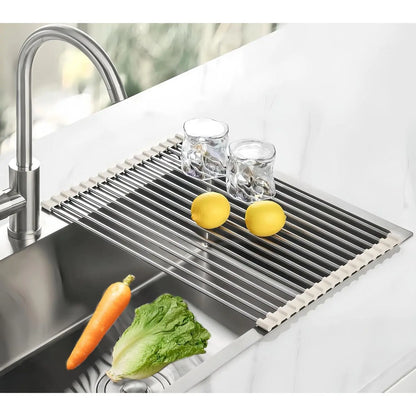 Stainless Steel Foldable Over-The-Sink Dish Drying Rack Organiser, 17.7"X11.8" Kitchen Sink Counter Storage (Grey)